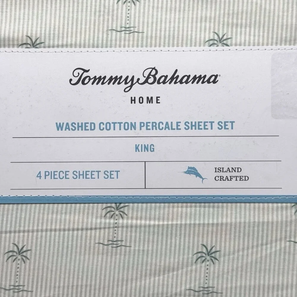 4pc Tommy Bahama KEW PALMS Trees Stripe KING Sheet Set Tropical Cotton Percale